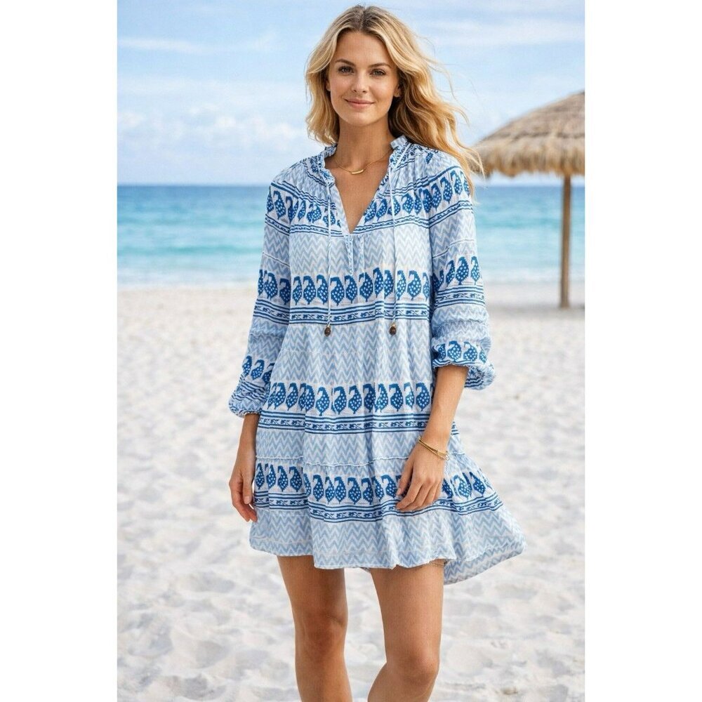 Oliphant Blue White Boho Mini Dress L Cotton Tiered Beach Peasant